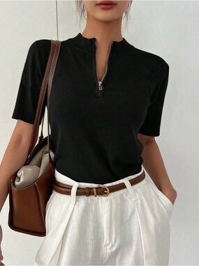 Women's Black Short-Sleeve Zip-Front Knit Tee